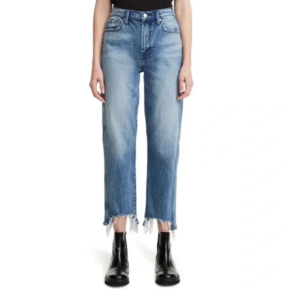 7 FOR ALL MANKIND High-Waist Cropped Straight Jeans w/ Chewed Hem